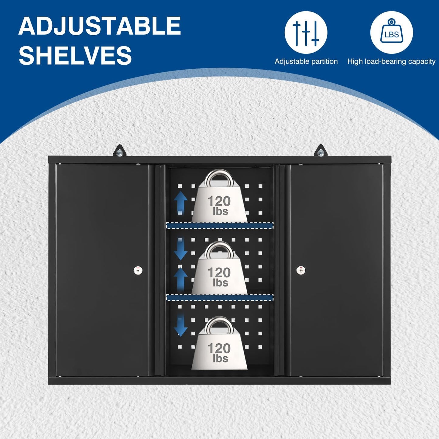 Metal Wall Cabinets for Storage with Locking Doors Adjustable Shelf Pegboard and Hooks, Metal Garage Wall Cabinet, Floating Upper Storage Cabinet