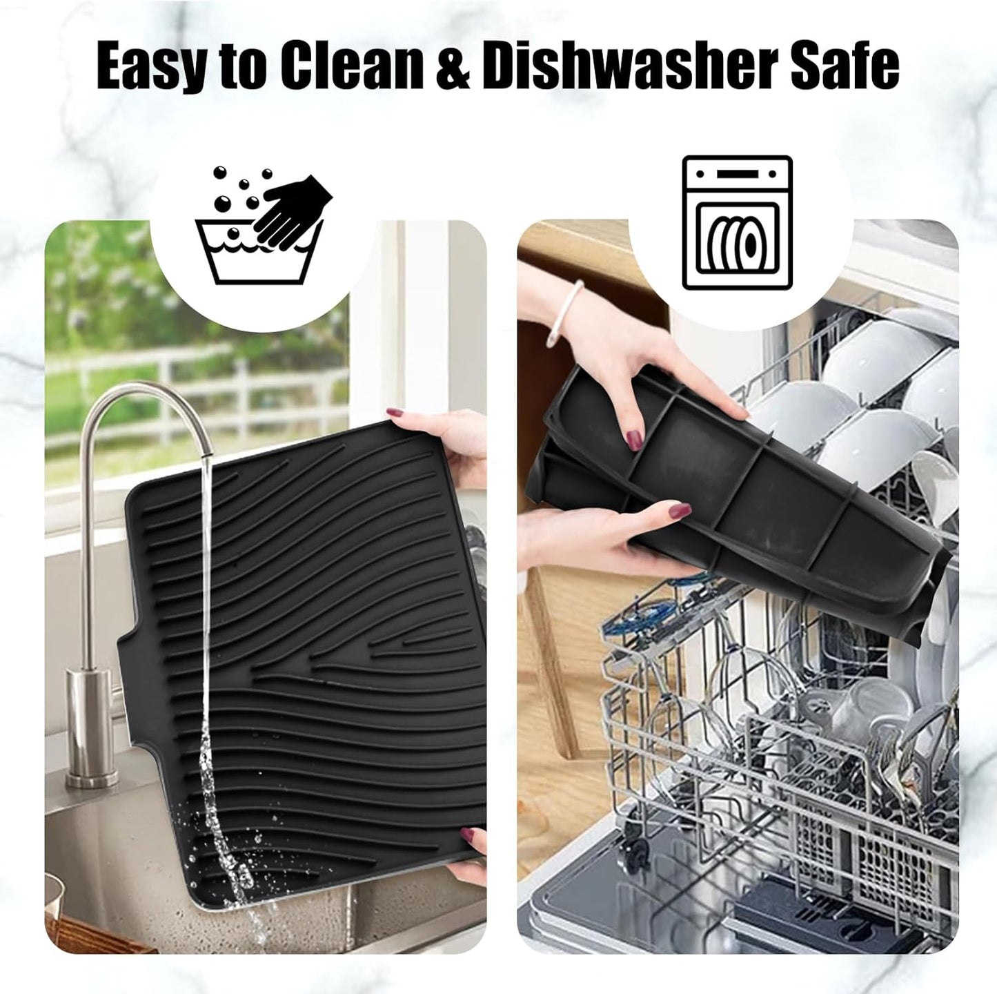 Silicone Dish Drying Mat for Kitchen Counter, Dish Drying Pad, Non-Slip Drain Pad with Built-in Drain, Heat Resistant Stone Drying Mat(15.8" x 13", Black)