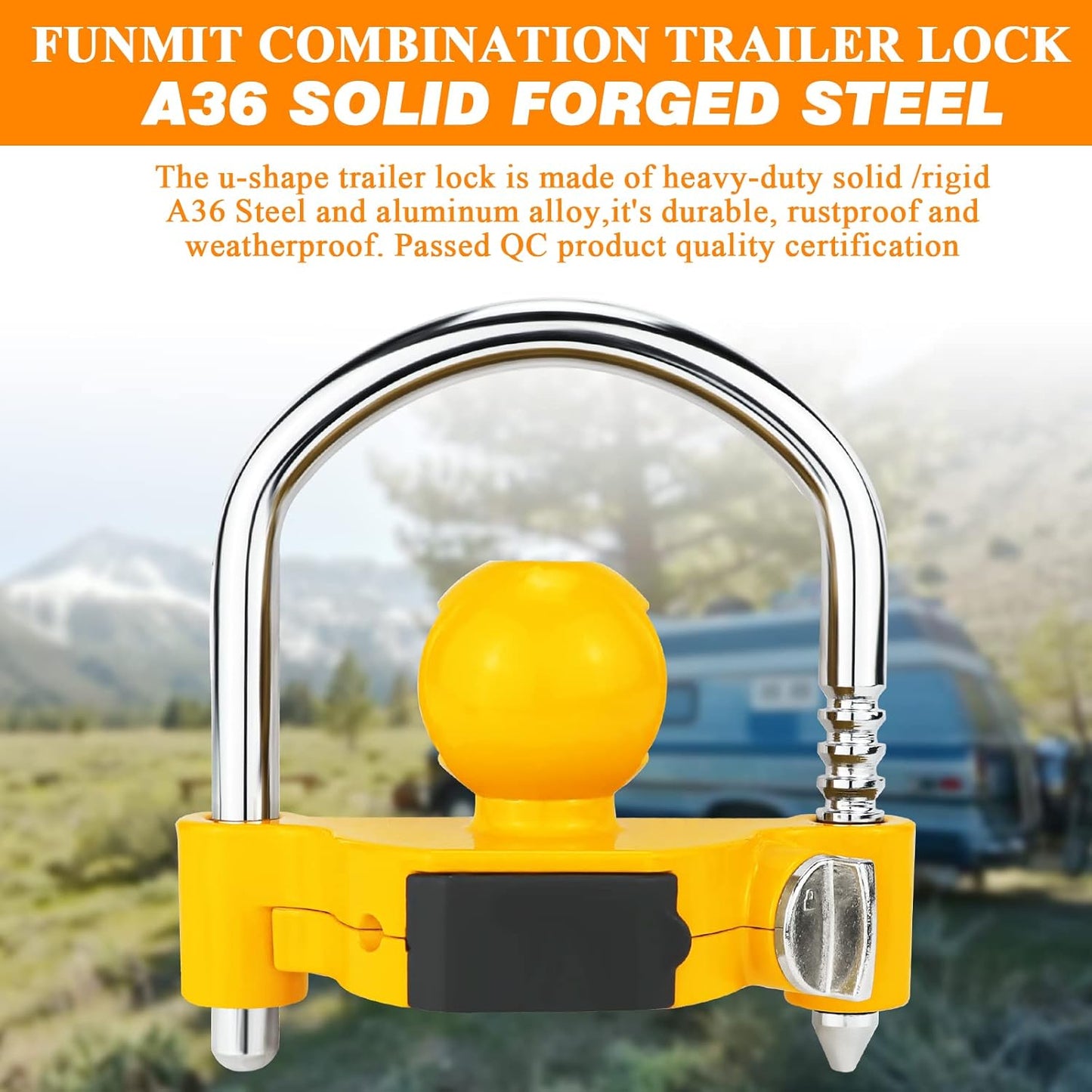 Funmit Trailer Lock Universal Hitch Lock with Combination Lock, fit 1-7/8", 2", 2-5/16" Coupler, Camper Accessories for Travel Trailers Boats Trucks Rvs Yellow