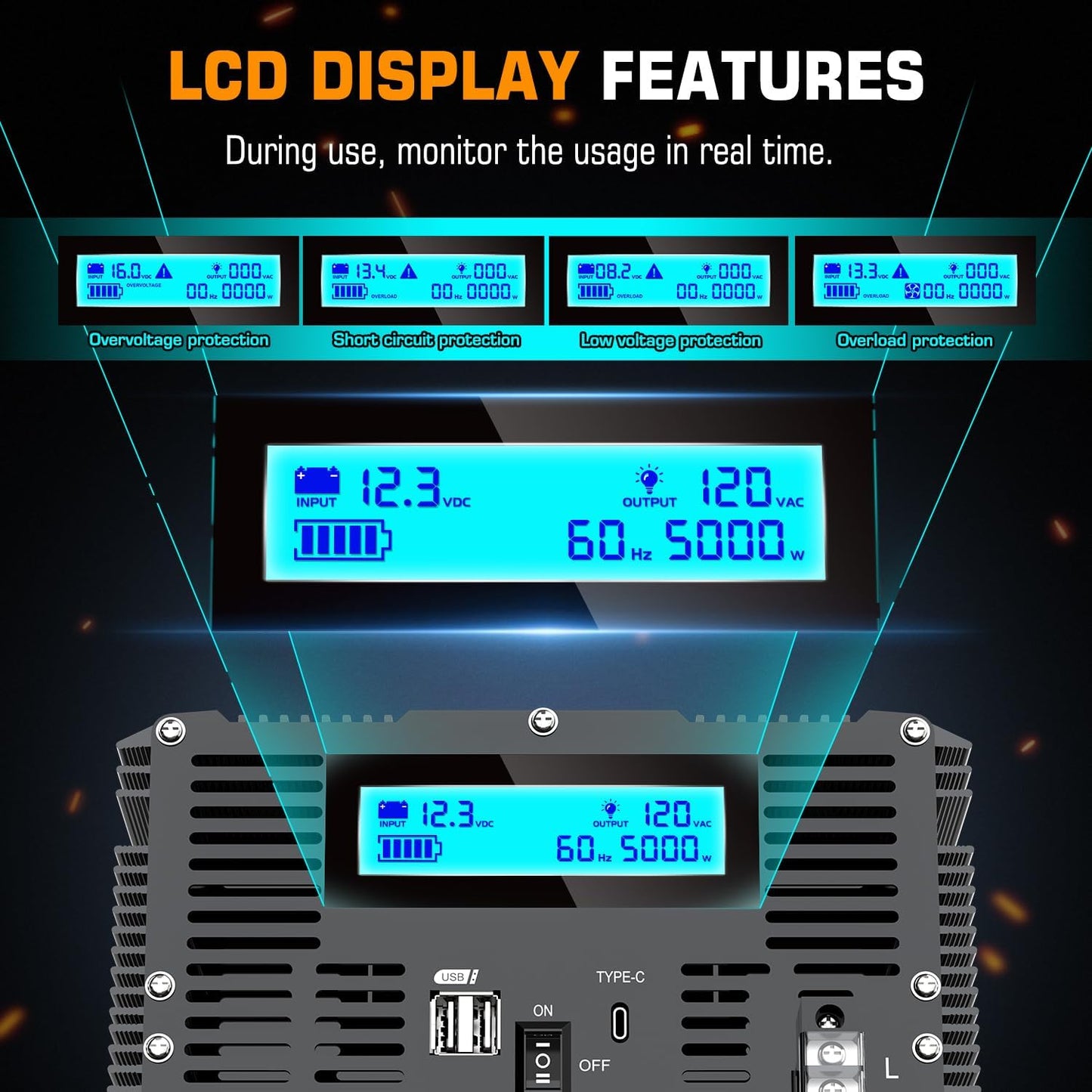 5000 Watt Power Inverter 12V DC to 110V 120V Converter for Family RV Off Grid Solar System Car with Type-C Ports 3 AC Power Outlets Dual USB Ports LCD Display Wireless Remote Control