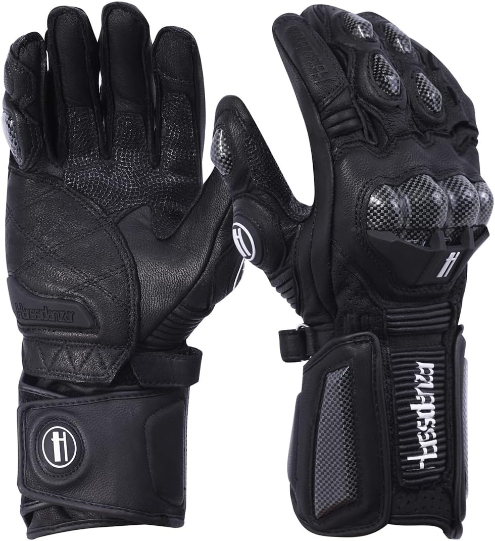 Harssidanzar Leather Motorcycle Gloves for Men and Women,Powersports Carbon Fiber Knuckle Protection Motorbike Gloves KM045