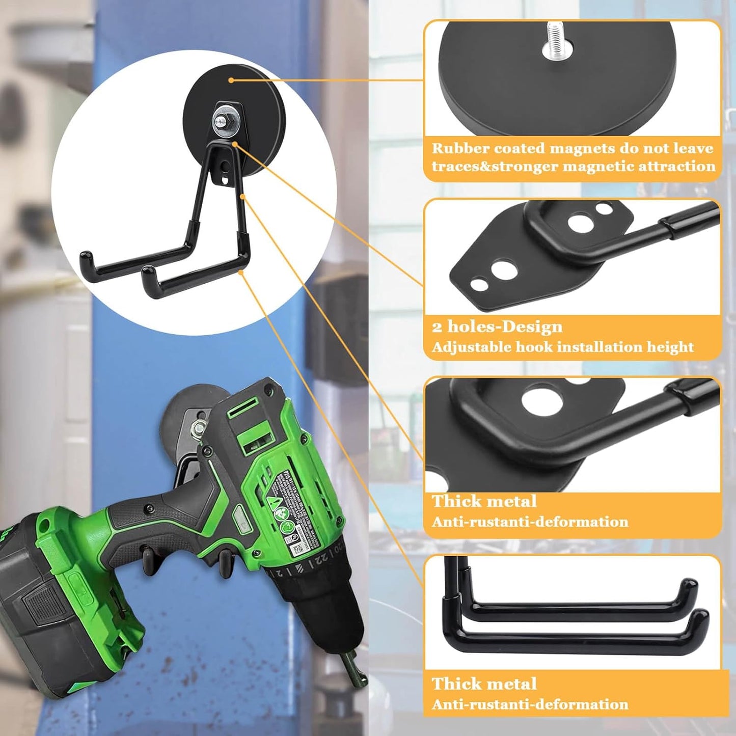 MIN CI 2 Pack Magnetic Hooks, 3.46" (88 mm) Heavy Duty, Black, Neodymium & Rubber, 35 lbs Max Weight, Industrial Style, Garage, Workshop, Kitchen, Pegboard, Metal Cabinets