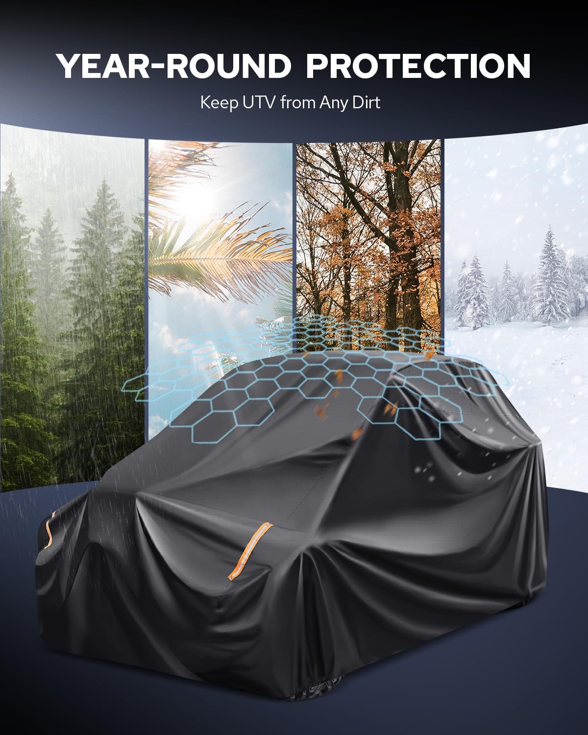 Benlari Heavy Duty UTV Cover - 420D Waterproof Oxford Cloth, PU Coating, 2 Adjustable Windproof Buckles, 4 Wheel Tie-downs and Reflective Strips for Outdoor All-weather Protection (136" x 75" x 69")