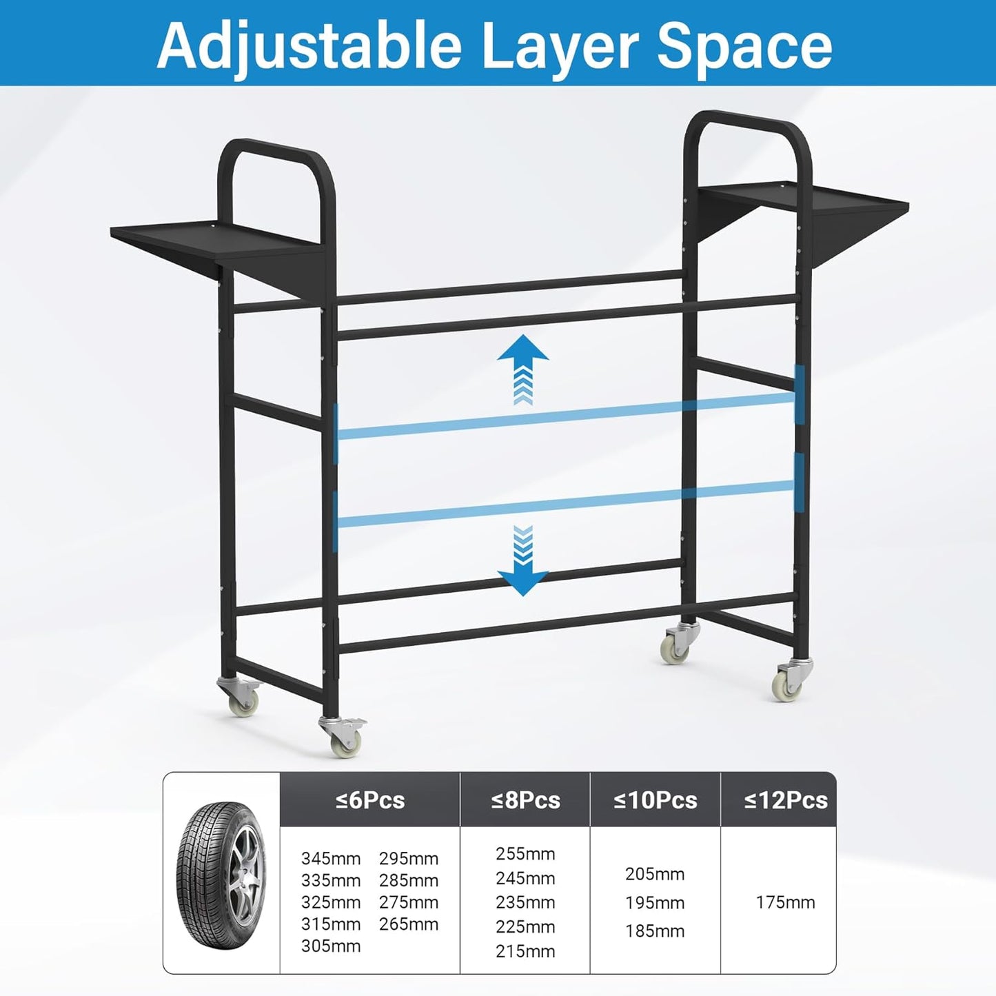 Tire Storage Rack 44" x 44" x 18" w/Anti-dust Cover, Rolling Tire Rack Adjustable, Tire Rack for Garage Black w/4 Swivel Casters & 2 Storage Shelf for Garage Storage