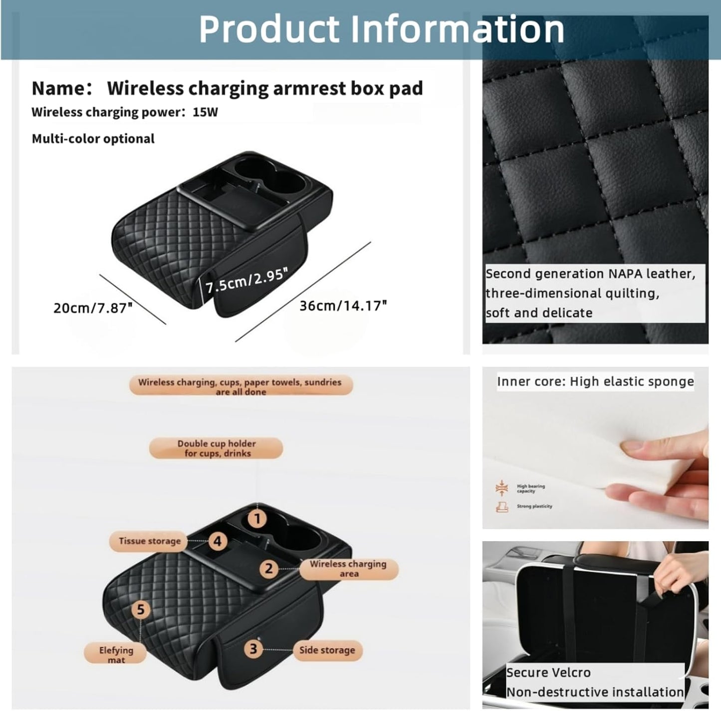 Upgrade Arm Rest Cover for Car, 5-in-1 Middle Console Cover Cushion Pad with Cup Holders & Side Pockets, Center Armrest Storage Box, Gray