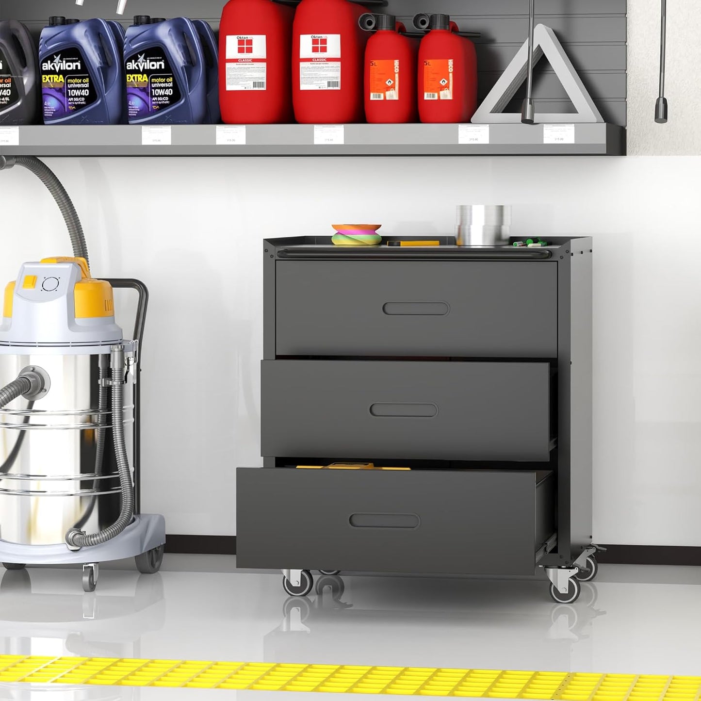 Metal Storage Cabinet with Wheels, Garage Storage Cabinet with 3 Drawers, Rolling Tool Storage Cabinet, Assembly Required, Black