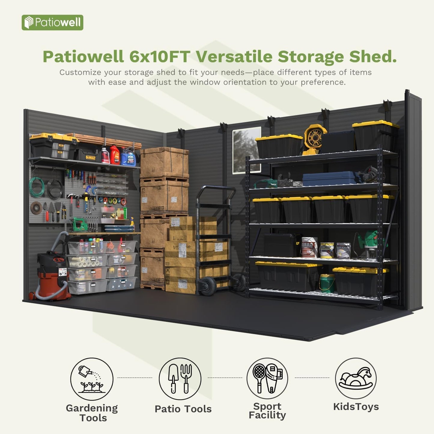 Patiowell 6x10 FT Outdoor Plastic Storage Shed with Floor - Lockable Resin Tool Shed, 2 Windows, Easy Assembly for Garden/Backyard (Dark Grey)