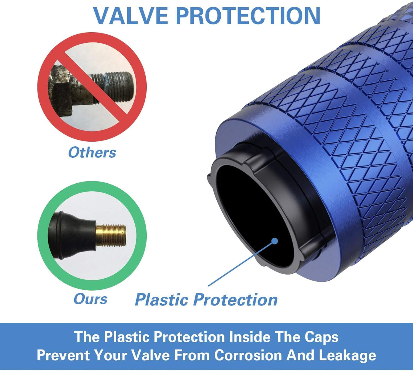 CKAuto Tire Valve Stem Caps, Blue, 4 pcs/Pack, Anodized Aluminum Tire Valve Cap Set, Corrosion Resistant, Universal Stem Covers for Cars Trucks Motorcycles SUVs and Bikes