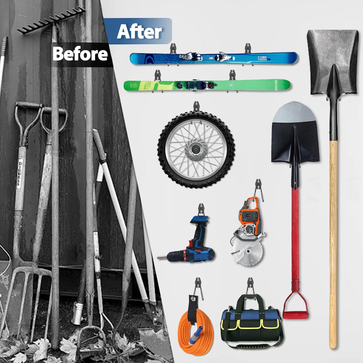 3-H Garage Wall Hooks 14 Pack, Garage Hooks Heavy Duty with Extra Welding Spots, Wall Mount Storage Organizer for Hanging Garden Lawn Tools Ladder Bike WeedEater Chair Shovel Blower (Grey)