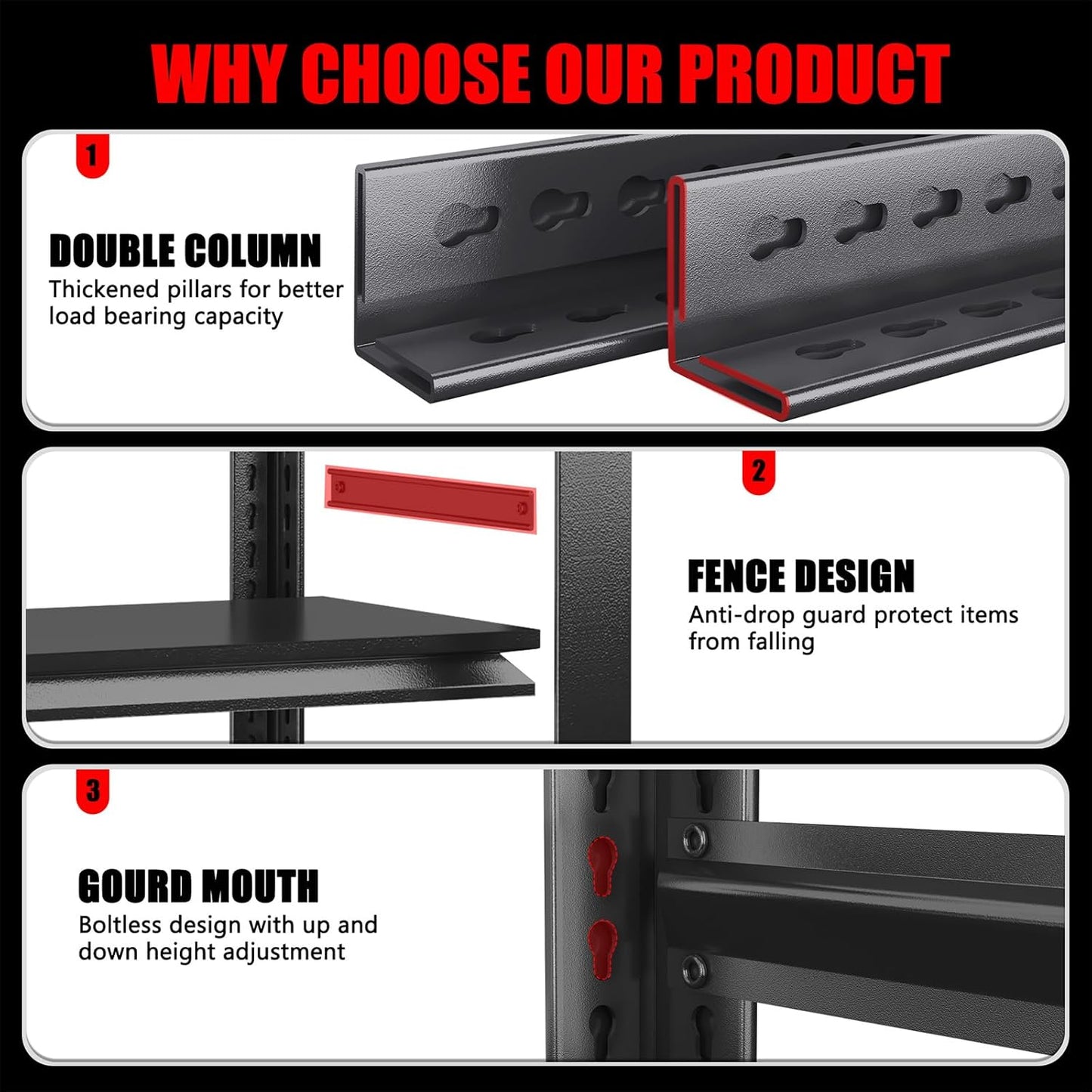 63" H Garage Shelving 3000LBS Heavy Duty Steel Shelving Units, Adjustable 5 Tier Metal Industrial Garage Storage Shelves for Kitchen,Utility Room and Basement, 31.5''Wx15.87''Dx63''H, Black