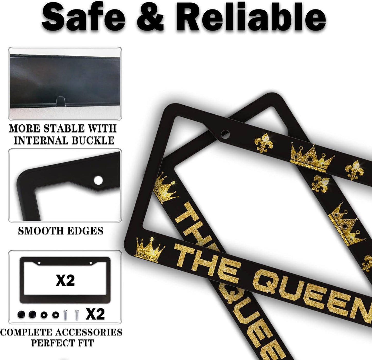 License Plate Frames Black Yellow Automotive Exterior Accessories The Queen Universal Aluminum Car Accessory 2 Pack with Screw Covers Set