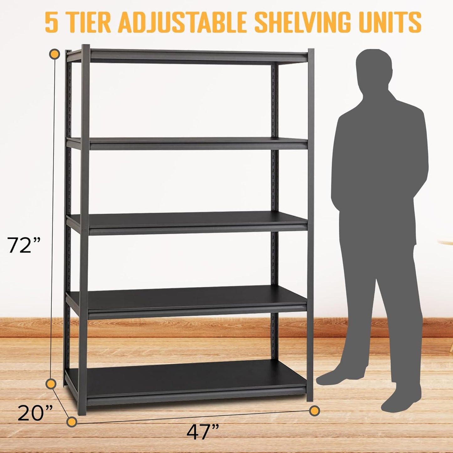 Rigma 5 Tier Garage Shelf, Heavy Duty Steel Shelving Unit, Adjustable Metal Multi-use Storage Rack, Shelves for Garage, Basement, and Industrial Warehouse Or Office (47" W X 20" D X 72" H 5-Tier)