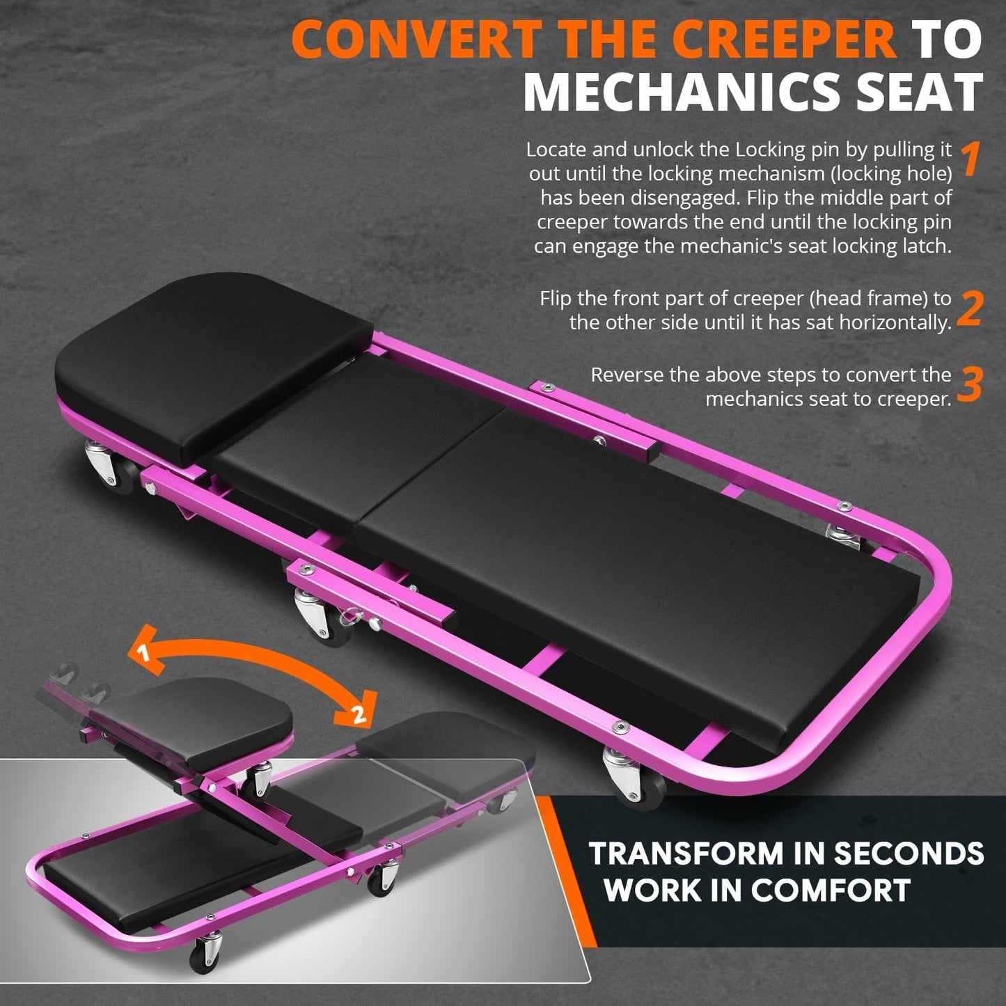 DNA MOTORING 40 Inches Folding 2 in 1 Rolling Z Creeper, Adjustable Roller Garage Chair Lay Down or Sit, 6 Pcs 2" Casters, 150kg Weight Capacity, Purple, TOOLS-00187-PR