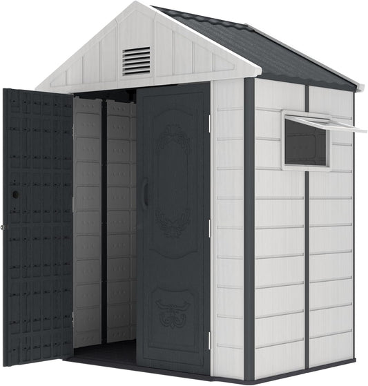 Kingdura 6x4 FT Resin Outdoor Storage Shed with Reinforced Floor, All-Weather Resistant Plastic Garden Outside Bike Tool Shed with Lockable Doors, Window for Backyard Patio Poolside