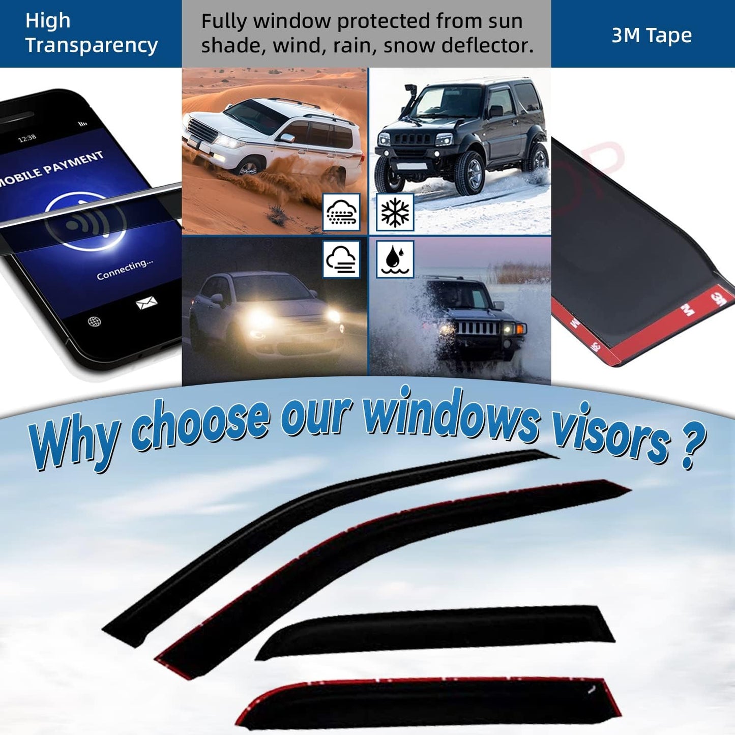 4pcs Front+Rear Smoke Sun/Rain Guard Outside Mount Tape-On Window Visors Compatible with 97-17 Expedition 98-17 Navigator