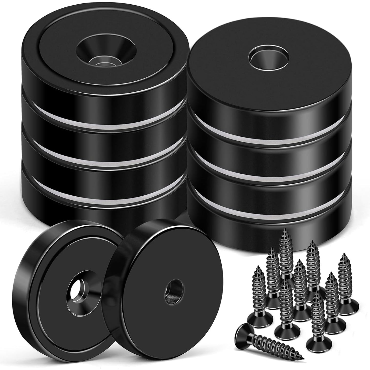 MIKEDE 10 Pack Strong Magnets Heavy Duty, 150LB Neodymium Cup Magnets with Countersunk Hole, Stainless Screw for Wall Mounting, Rare Earth Magnet Black Round Base Disc Magnet 1.4" D x 0.27" H
