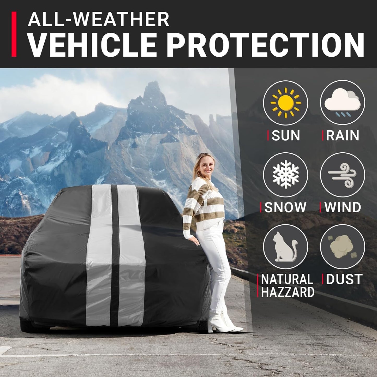 iCarCover Custom Car Cover for Pontiac GTO (1973) Waterproof All-Weather Rain Snow UV Sun Protector Full Exterior Indoor Outdoor Car Cover (Stripe - Black/Gray)