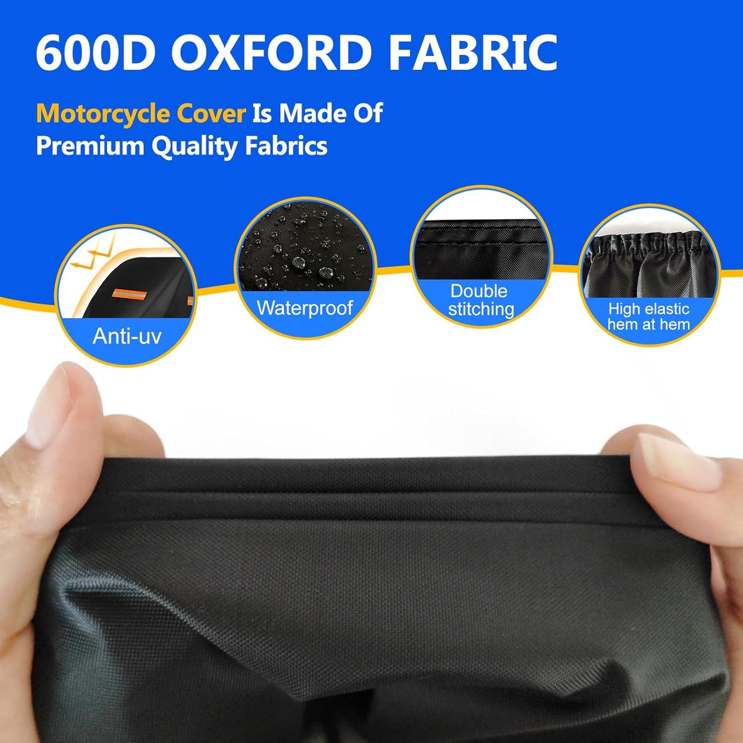 Motorcycle Cover, 600D Heavy Duty Waterproof Motorbike Cover,Dustproof Motorcycles Vehicle Cover Scooter Shelter Protection with Reflective Strips & Storage Bag 105" x 41" x 50"