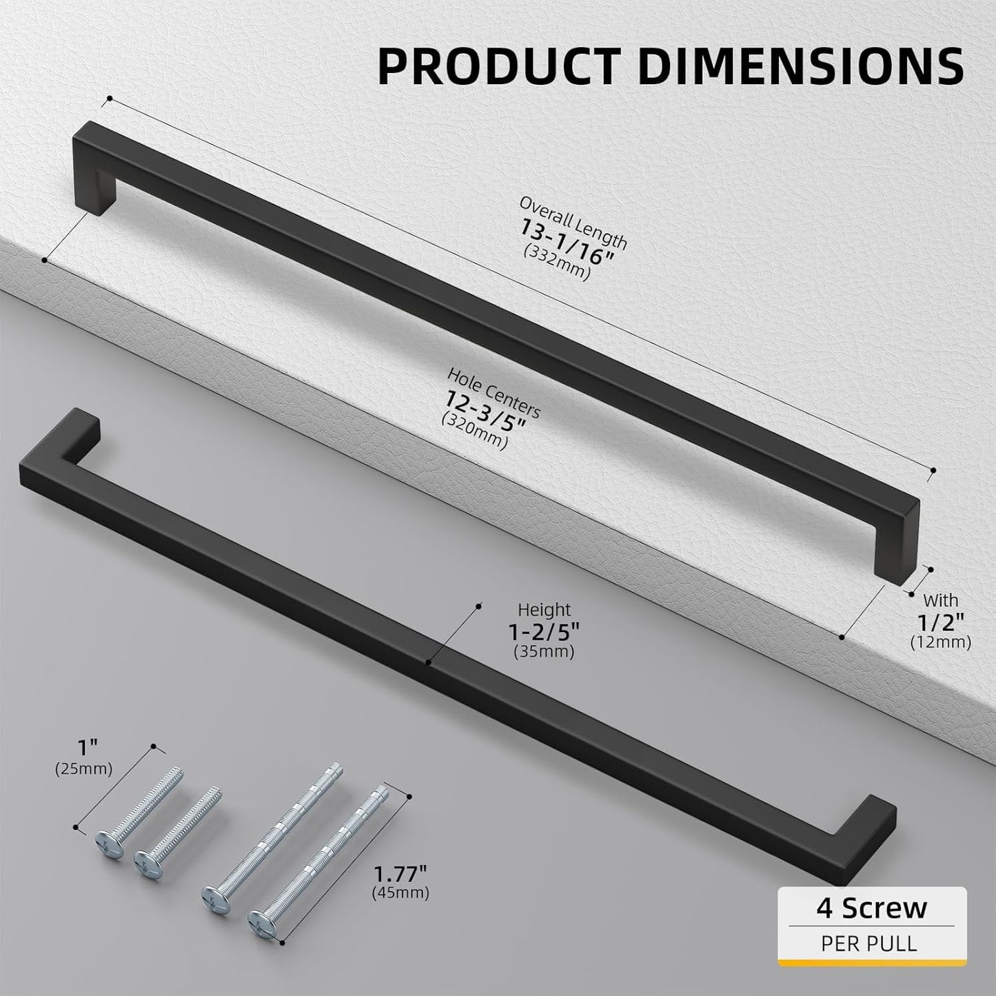 Goldenwarm 2 Pack Black Square Bar Cabinet Pull Drawer Handle Stainless Steel Modern Hardware for Kitchen and Bathroom Cabinets Cupboard,Center to Center 12-3/5in(320mm) Kitchen Door Handles