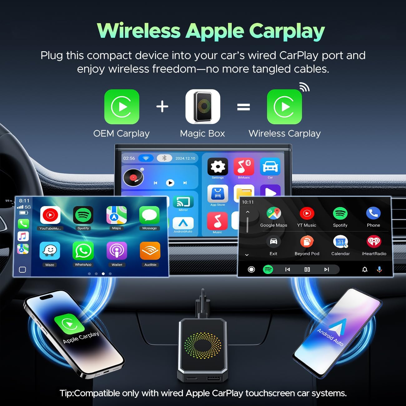 LAMTTO 3-in-1 Magic AI Box Video Player for Streaming Netflix/YouTube/TikTok on Car Screen Wireless Carplay Adapter Dongle with USB Drive for OEM Wired Apple Car Play Cars