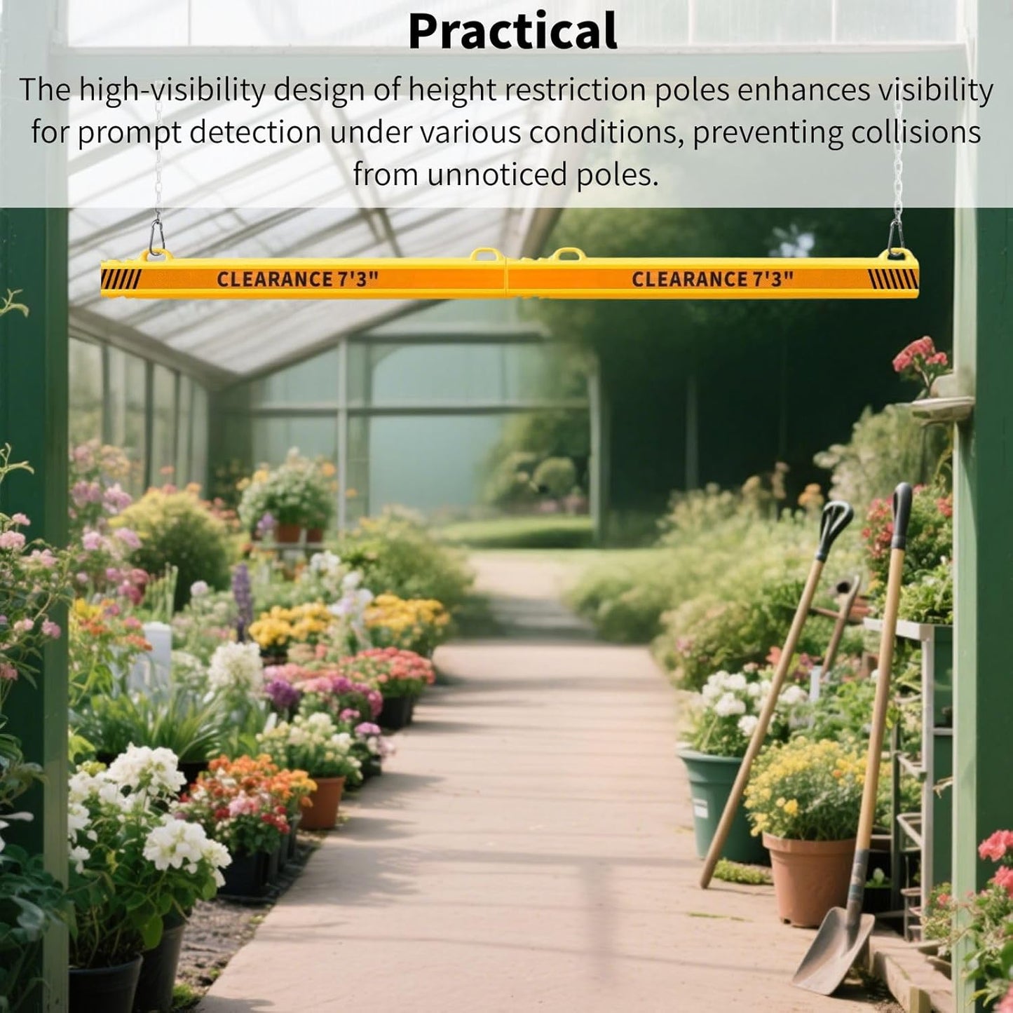 78” Height Guard Clearance Bar (Warning Sign) - MAX Clearance Adjustable to 7' 3" - Hanging Safety Bar with Reflective Yellow Stripes for Parking Lots, Warehouses, Garage Entrances