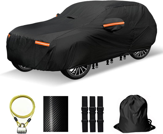 30 Layers SUV Car Cover for Automobiles All Weather Waterproof, Outdoor Snowproof UV Protection Windproof, Door Zipper, Soft Cotton, Heavy Duty Universal Car Covers, (Black, Fit SUV 171"-180")