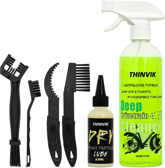 Thinvik Bike Lube and Cleaner Set with 500ml Chain Cleaner, 60ml Wet/Dry Lubricant and 4 Brush Tools for Cleaning Chains, Chainrings, Freewheel/Cassette