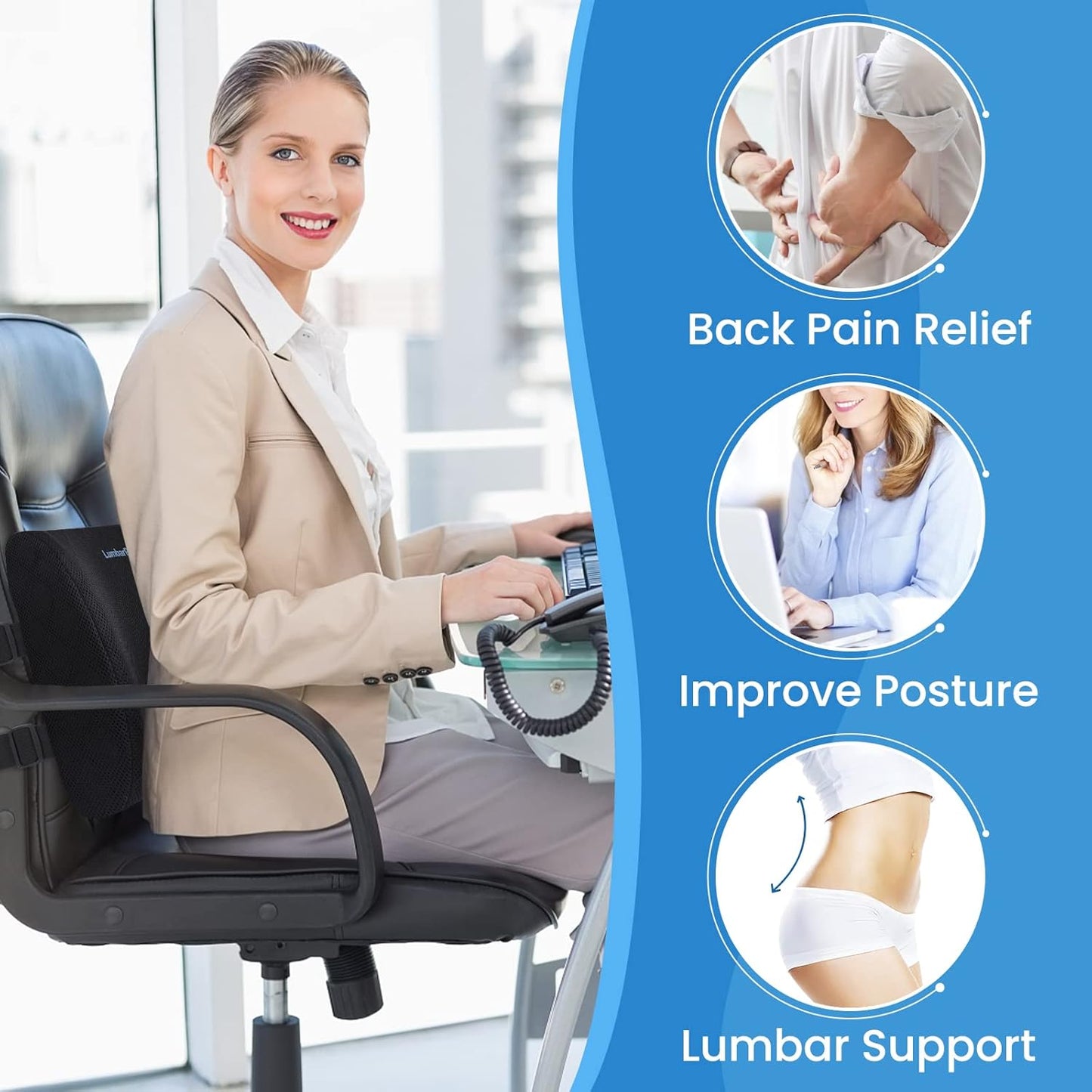 Lumbar Support Pillow for Office Chair Back Support Lumbar Pillow for Car, Gaming, Office Chair - Improve Sitting Posture & Back Pain Relief, Memory Foam, Adjustable Straps, Black