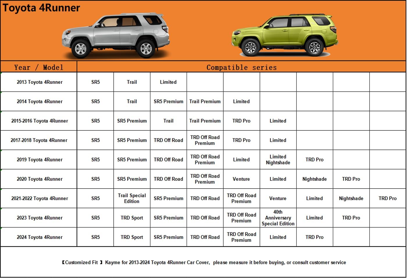 Kayme 6 Layers SUV Car Cover Custom Fit for Toyota 4Runner（2002-2025） Waterproof All Weather for Automobiles, Outdoor Full Cover Rain Sun UV Protection.Silver