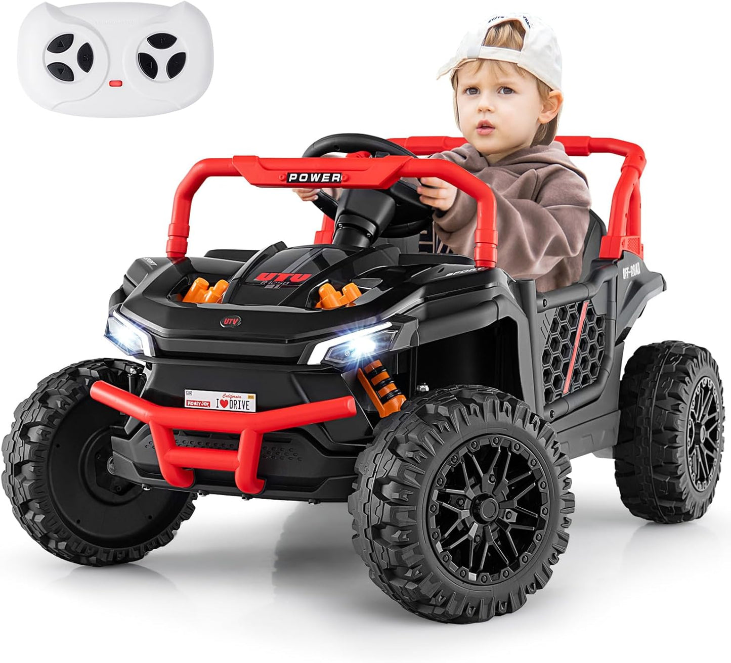 Costzon Kids UTV, 12V Battery Powered Electric Off-Road Car w/Remote Control, Sounds, Wireless Connection, 3 Speeds & 4-Wheel Suspension, Kids Ride on Truck, Gift for Boys & Girls 3+ Years Old (Black)