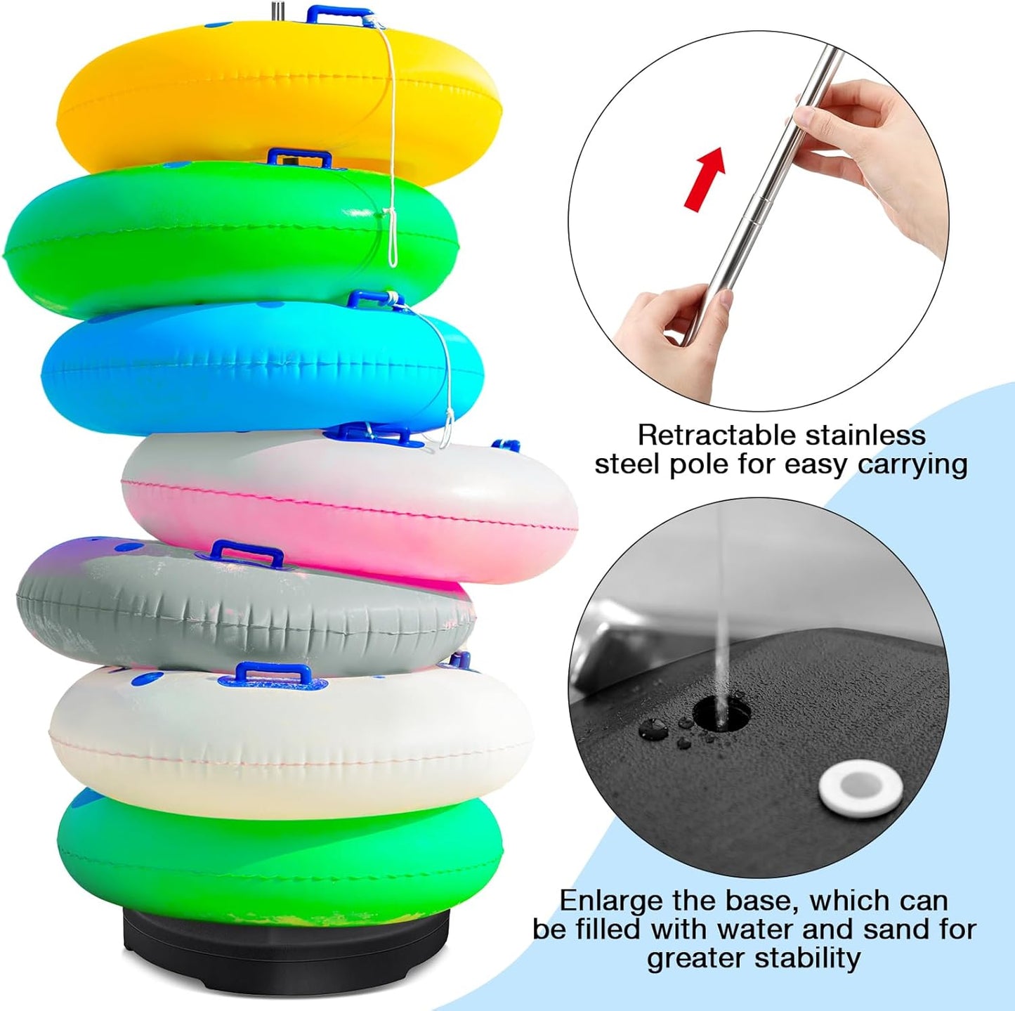 Pool Float Storage Rack 13 x 78 Inch Pool Float Holder Stainless Steel Equipment Holder Water Filling Base Portable Scalable Outdoor Rack for Swimming Outdoor Storage(Black)