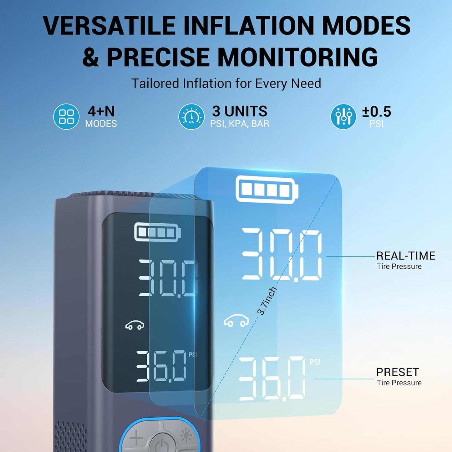 AVAPOW AP18 Tire Inflator Portable Air Compressor, 300% Faster 150 PSI Cordless Air Pump with Tire Pressure Gauge, 3.7″ Dual LCD Screen, Auto-Shuts Off Tire Pump for Car, Motorcycle, Bicycle, Purple