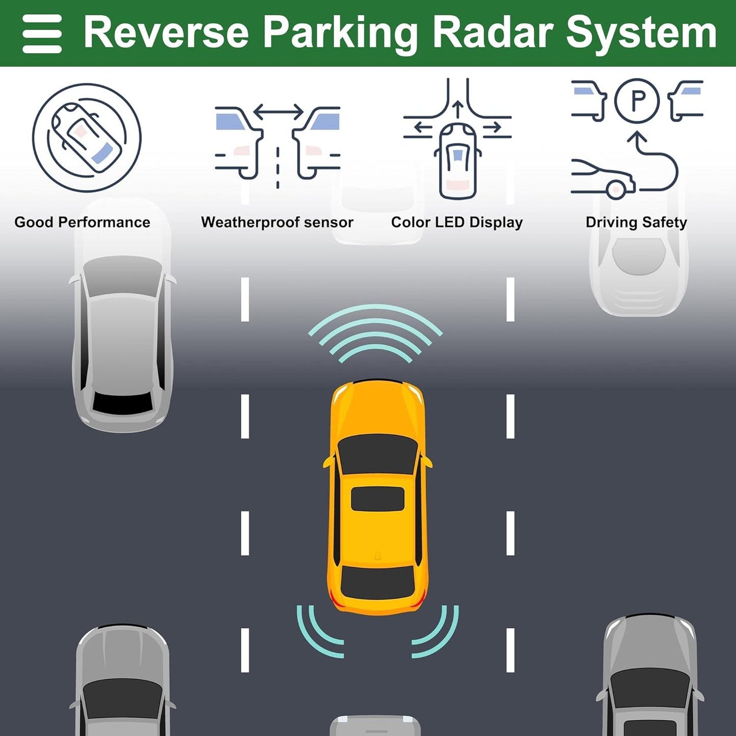 Motoforti Universal Car Auto Vehicle Reverse Backup Radar System Reverse Parking Sensors Alarm Buzzer Reminder Distance Detection Gray 4Parking Sensors