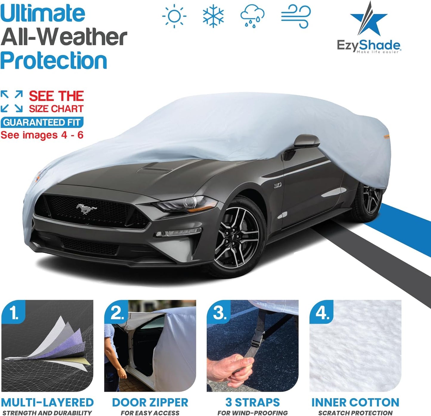 EzyShade 10-Layer Waterproof Sports Car Cover. See Vehicle Size-Chart for Accurate Fit. All Weather Full Outdoor Covers. Corvette Mustang Porsche Classic Cars. Sun Snow Rain. Size C3 (See SizeChart)