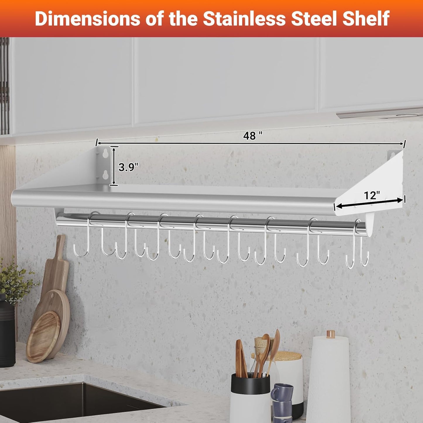 Skyflame Stainless Steel Floating Shelving with 8 Hooks, 12” x 48” Wall Mounted Commercial Shelves for Restaurant, Kitchen, Home, Hotel and Bar