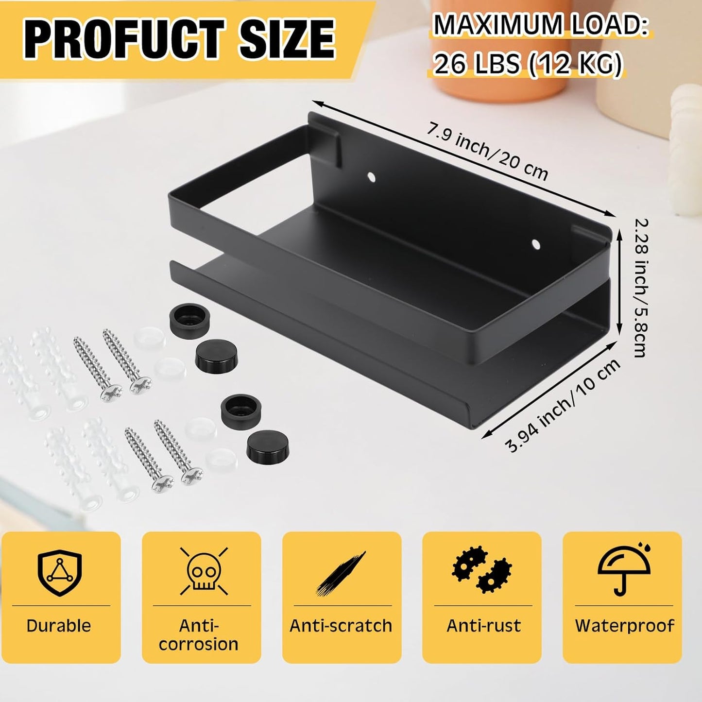 Lallisa 2 Pieces Stainless Steel Shelf Bathroom Shower Floating Shelves Wall Mounted Shower Caddy Basket Shelf Storage Organizer Shelves for Bathroom, Kitchen, Living Room (7.87 Inches/ 20 cm,Black)