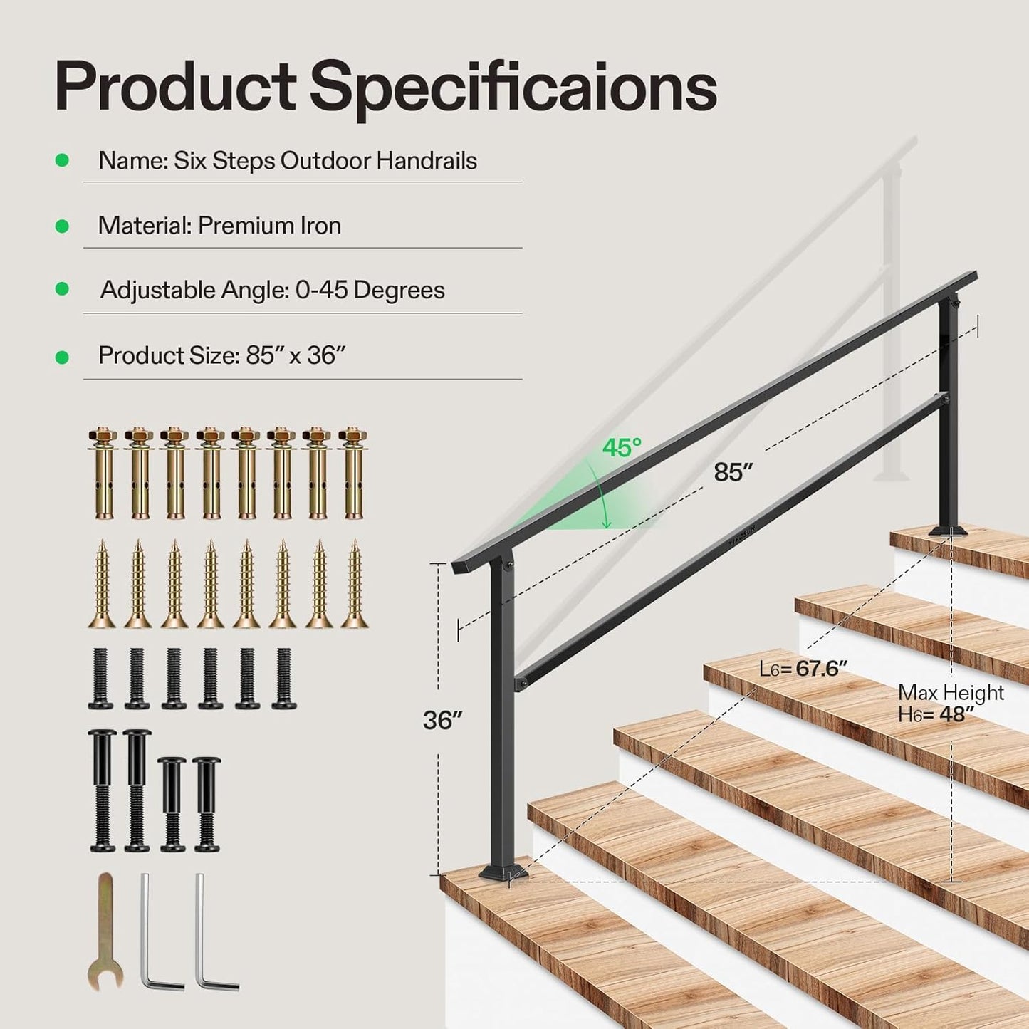 VIVOSUN Outdoor Handrail, 6-7 Step Stair Handrail, 83" x 36" Fits 1 to 7 Steps, Wrought Mattle Iron Handrail for Concrete Steps, Porch Steps, Black, HR-0004