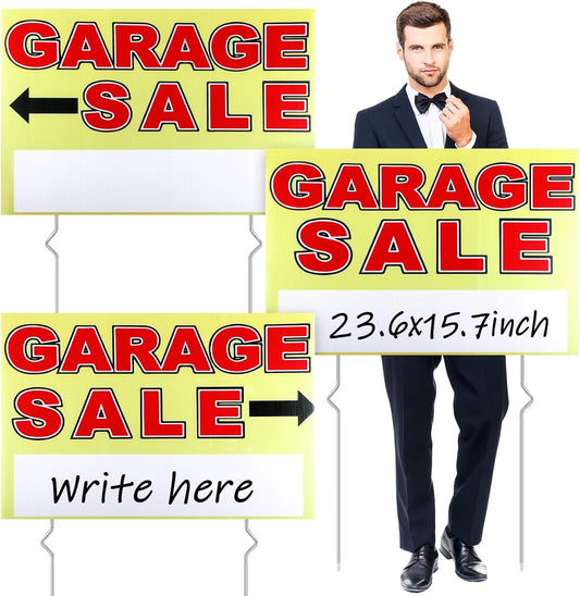 Marsui 3 Pcs Garage Sale Sign 23.6 x 15.7 Inch Double Sided Garage Sale Sign with Stakes Blank Corrugated Plastic Yard Signs with Directional Arrow and Metal Stake