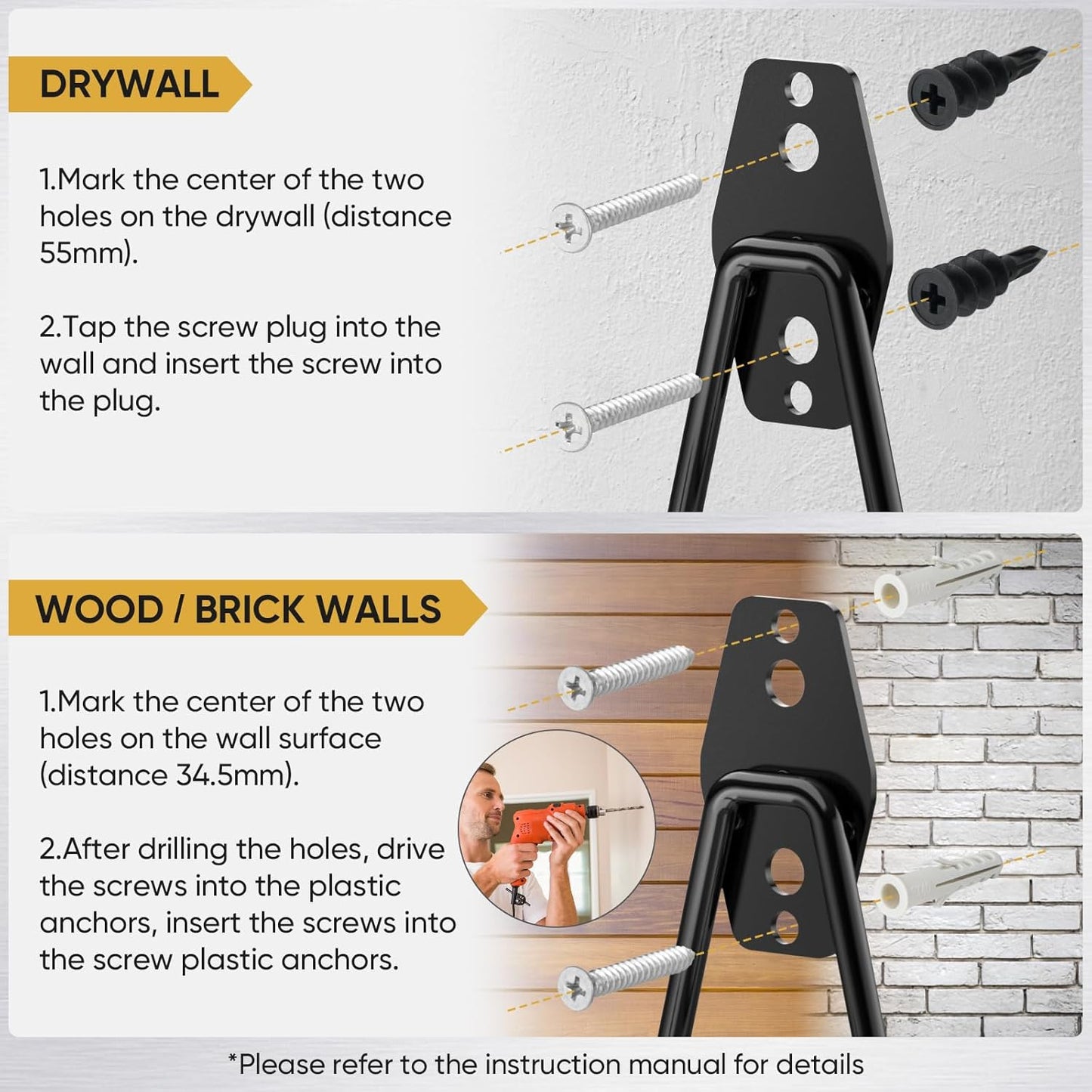 TICONN 2 Pack Heavy Duty Garage Hooks, Steel Utility Wall Storage Hooks, Wall Mount Hanger Organizer for Ladders, Bikes, Tools, Bulky Items (Small, Yellow Circular)