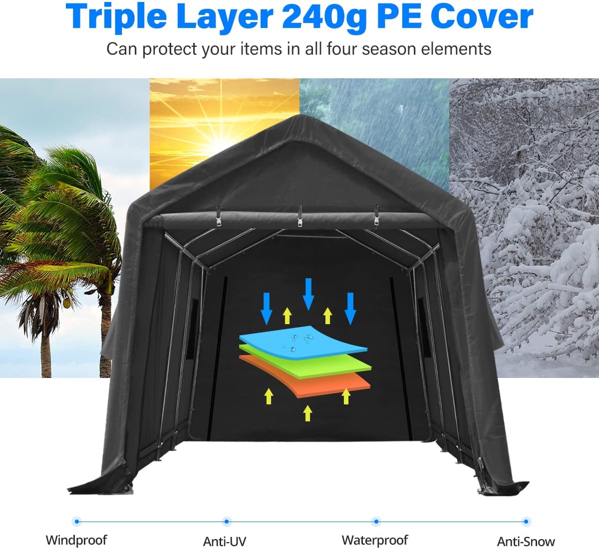 ADVANCE OUTDOOR 10X20 ft Carport Heavy Duty Outdoor Patio Portable Canopy Storage Shelter Shed with 2 Rolled up Zipper Doors & Vents for Snowmobile Garden Tools, Gray