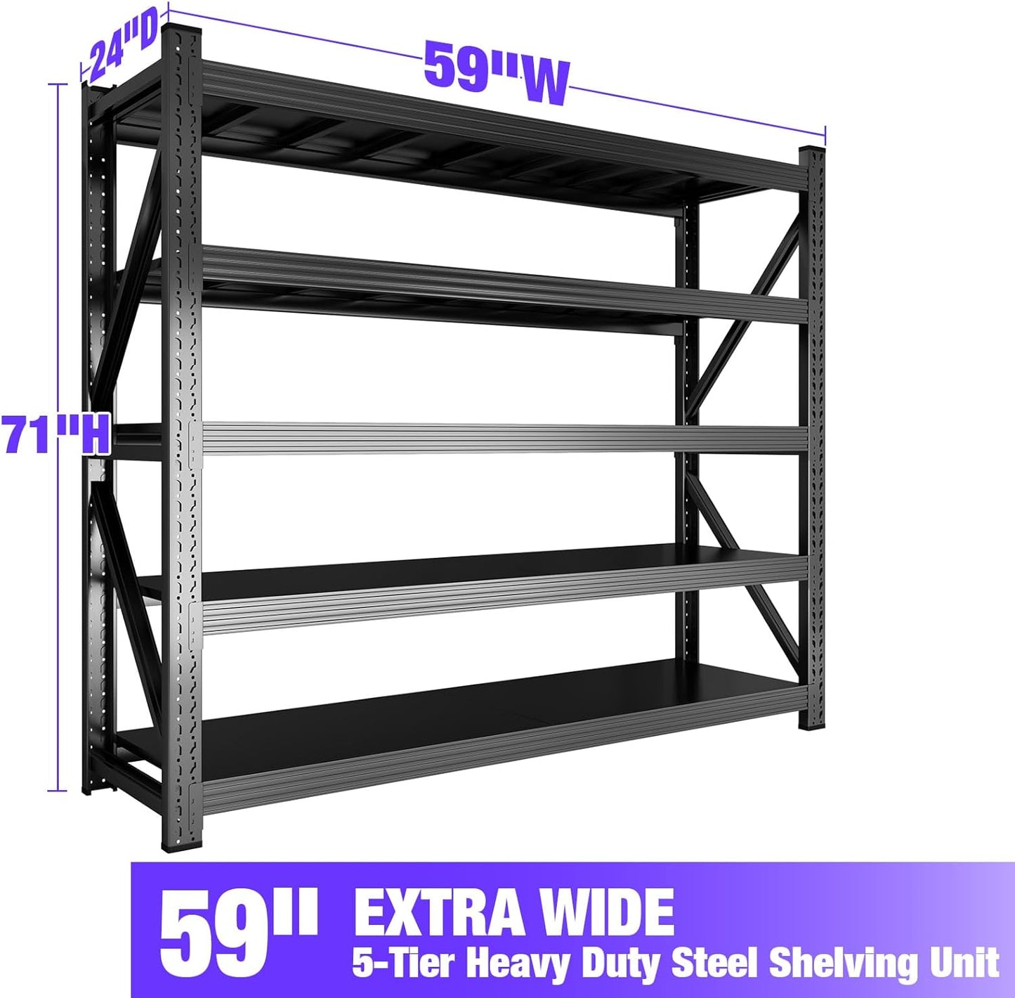 8000LBS Garage Shelving Heavy Duty, 5-Tier 71" H Storage Garage Shelves, Industrial Adjustable Metal Shelving Units for Garages, Warehouses, Kitchen, Black, 59" W x 24" D x 71" H
