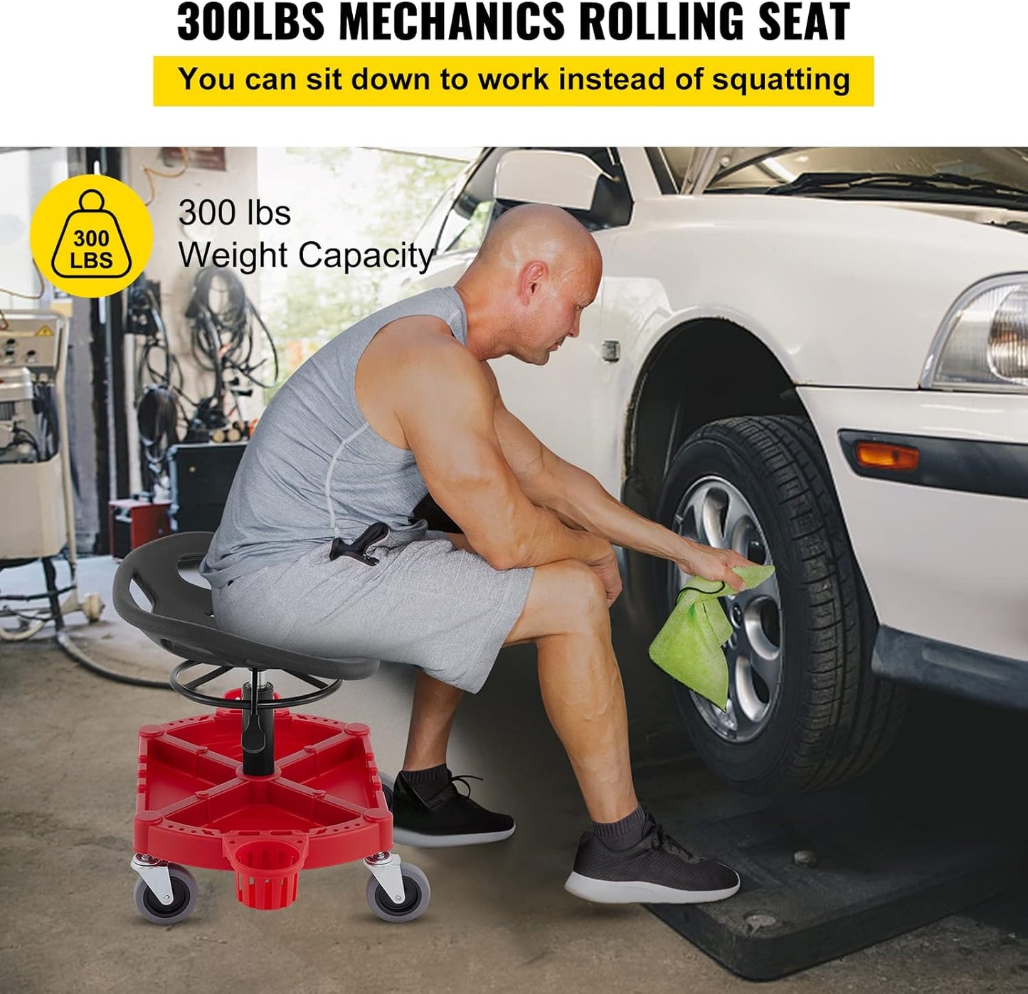 VEVOR Rolling Garage Stool, 300LBS Capacity, Adjustable Height from 18 in to 23 in, 360-degree Swivel Wheels (4"), Large Tool Tray with Two Bottle Holder, for Workshop, Auto Repair Shop, Red