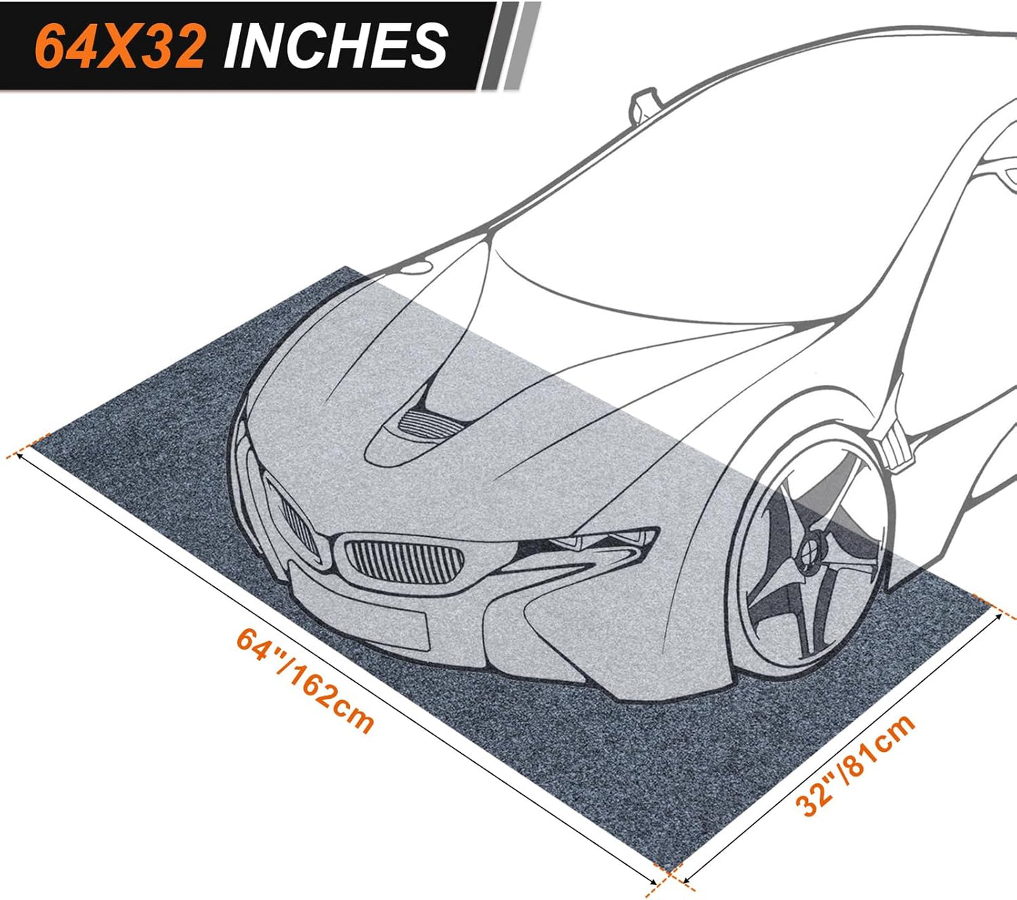 64 X 32 Inch Heavy Duty Oil Spill Mat, 6.5mm Thickened Garage Floor Mat for Under Car, 1/4" Waterproof Rubber Backing Absorbs Oil Quickly, Washable, Reusable, Durable, Non-Slip