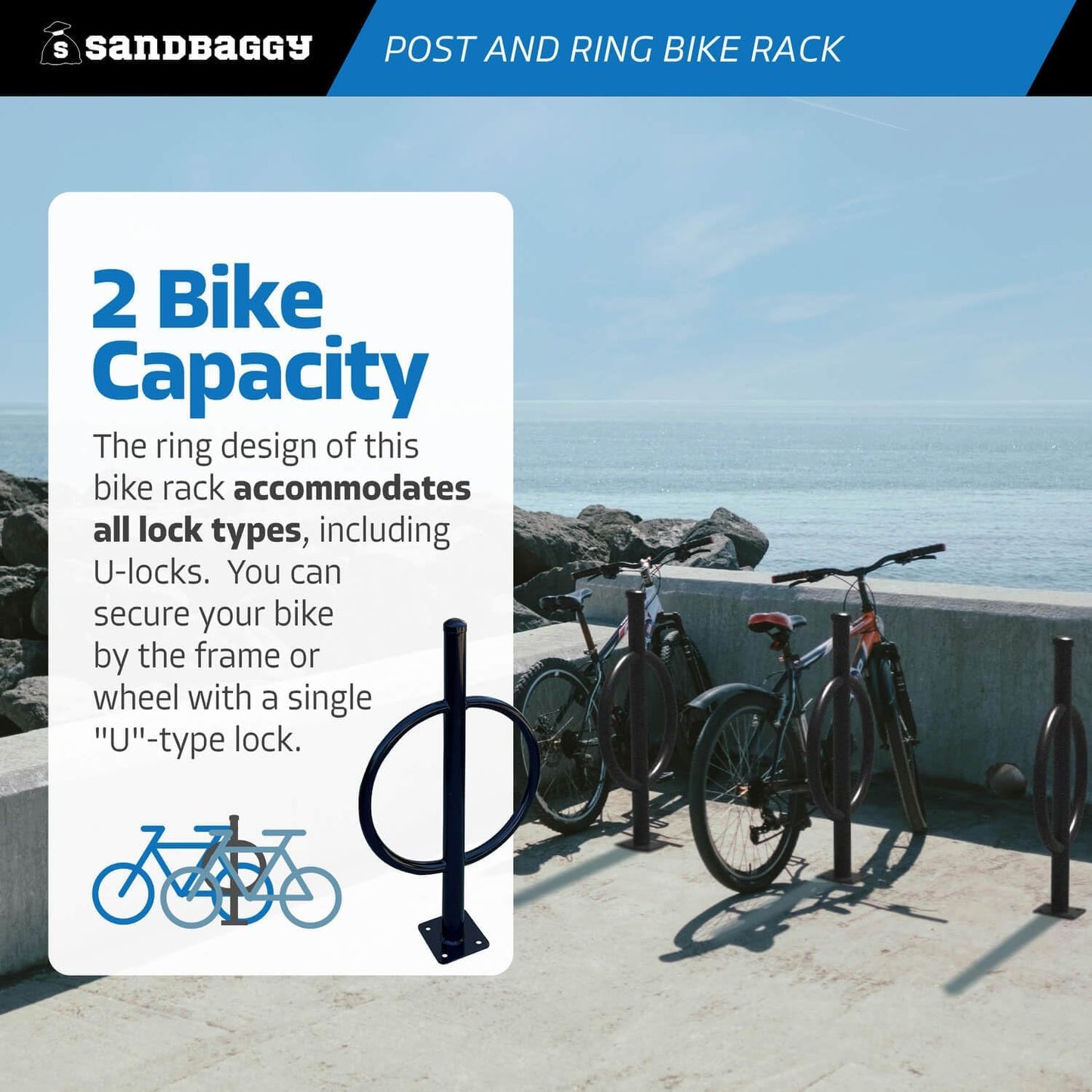 Sandbaggy Post and Ring Bike Rack - Commercial Bike Racks - Galvanized Steel - Anti-Theft Design - In Ground, Apartments, Sidewalks, Industrial (Blue, 1)