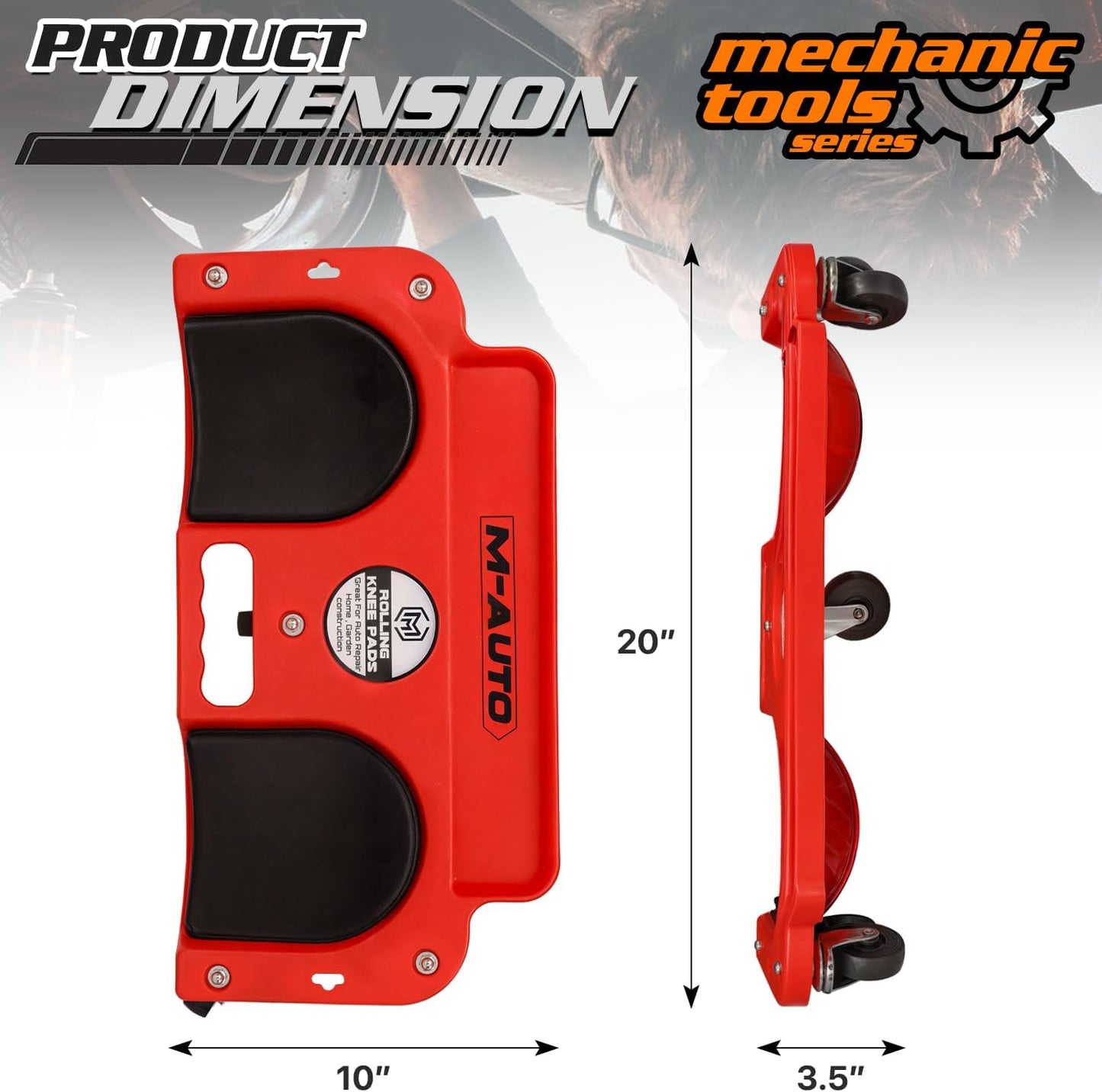 M-AUTO Rolling Knee Creeper Durable Knee Pads with Full 360 Degree Turn Casters and Tool Tray, Garage Kneeling Pads on Swivel Castors for Home Workshop Auto Repairing Maintaining, Red