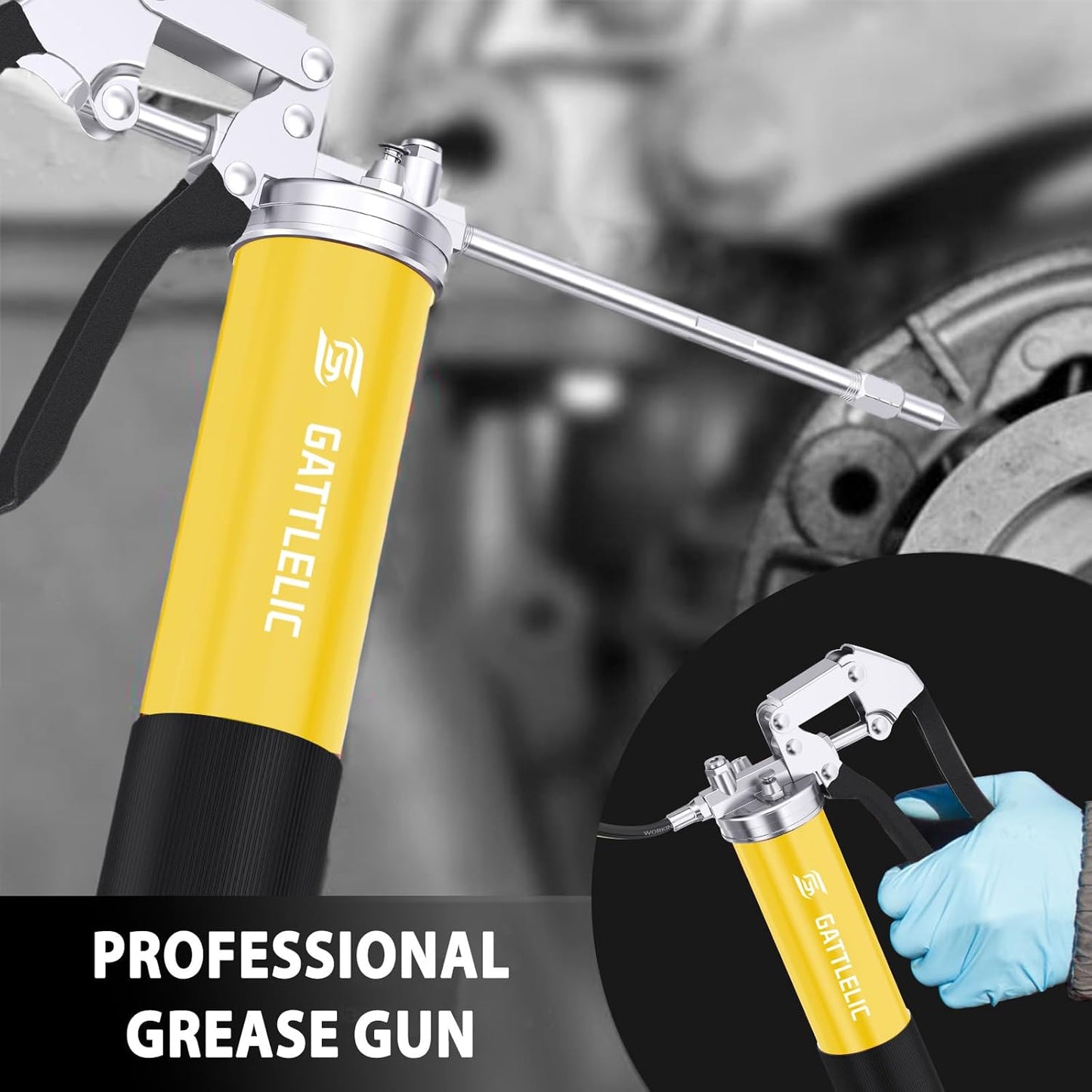 8000 PSI Heavy Duty Grease Gun Kit - 14oz with Flex Hose, Sharp Nozzle, Extension Pipe & Coupler, Yellow