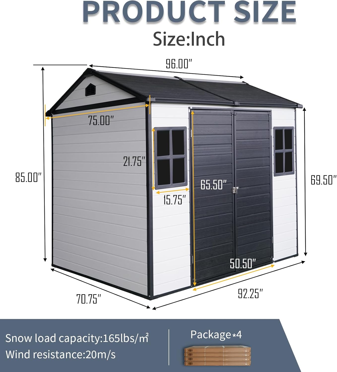 8x6 FT Outdoor Storage Shed, Resin Garden Shed with Thick Floor, Plastic Storage Shed with 2 Windows, Waterproof Outside Tool Shed with Lockable Hinged Doors for Backyard, Patio, Lawn, Black+White