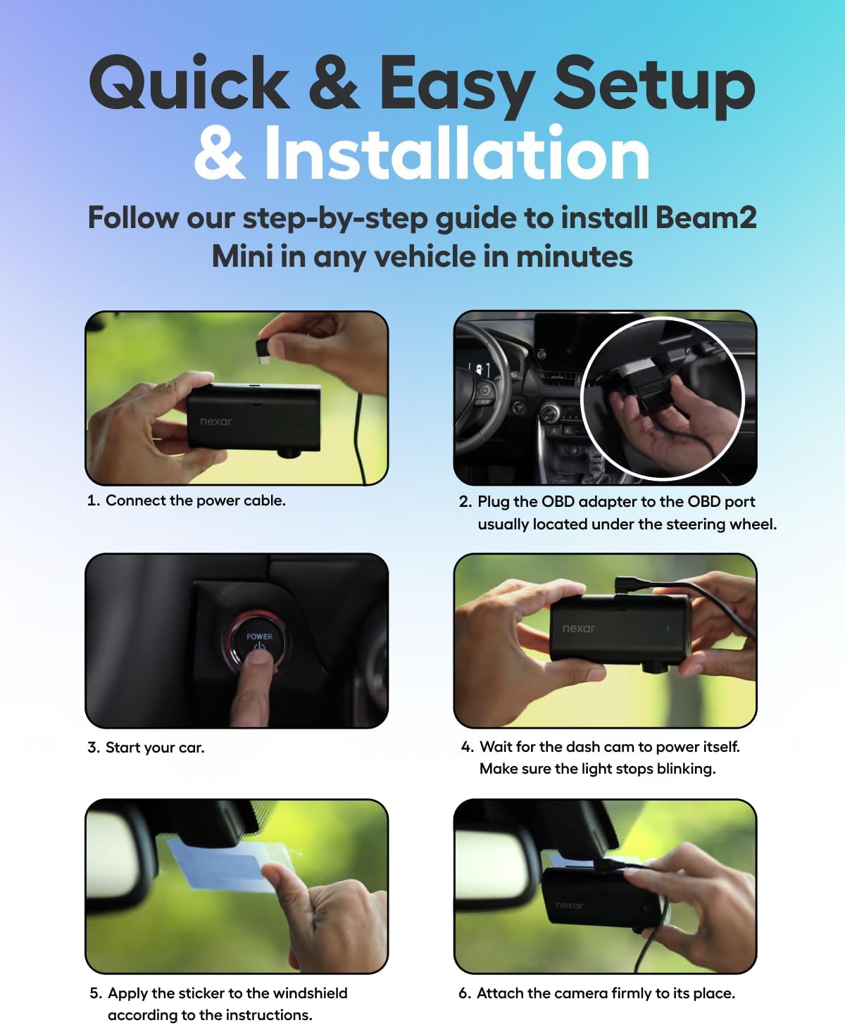 Nexar Beam2 Mini Dash Cam Car Camera 64GB Storage 24H Parking Mode Wide Angle FHD Lens Wireless Dash Camera for Cars Includes $25 OBD Hardwire Kit for Continuous Power