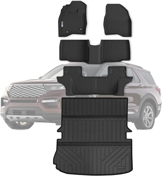 Floor Mats & Large Trunk Mat for 2015-2017 2018 2019 Ford Explorer，TPE All Weather Protection Car Floor Liners with Foldable Big Cargo Liners Accessories