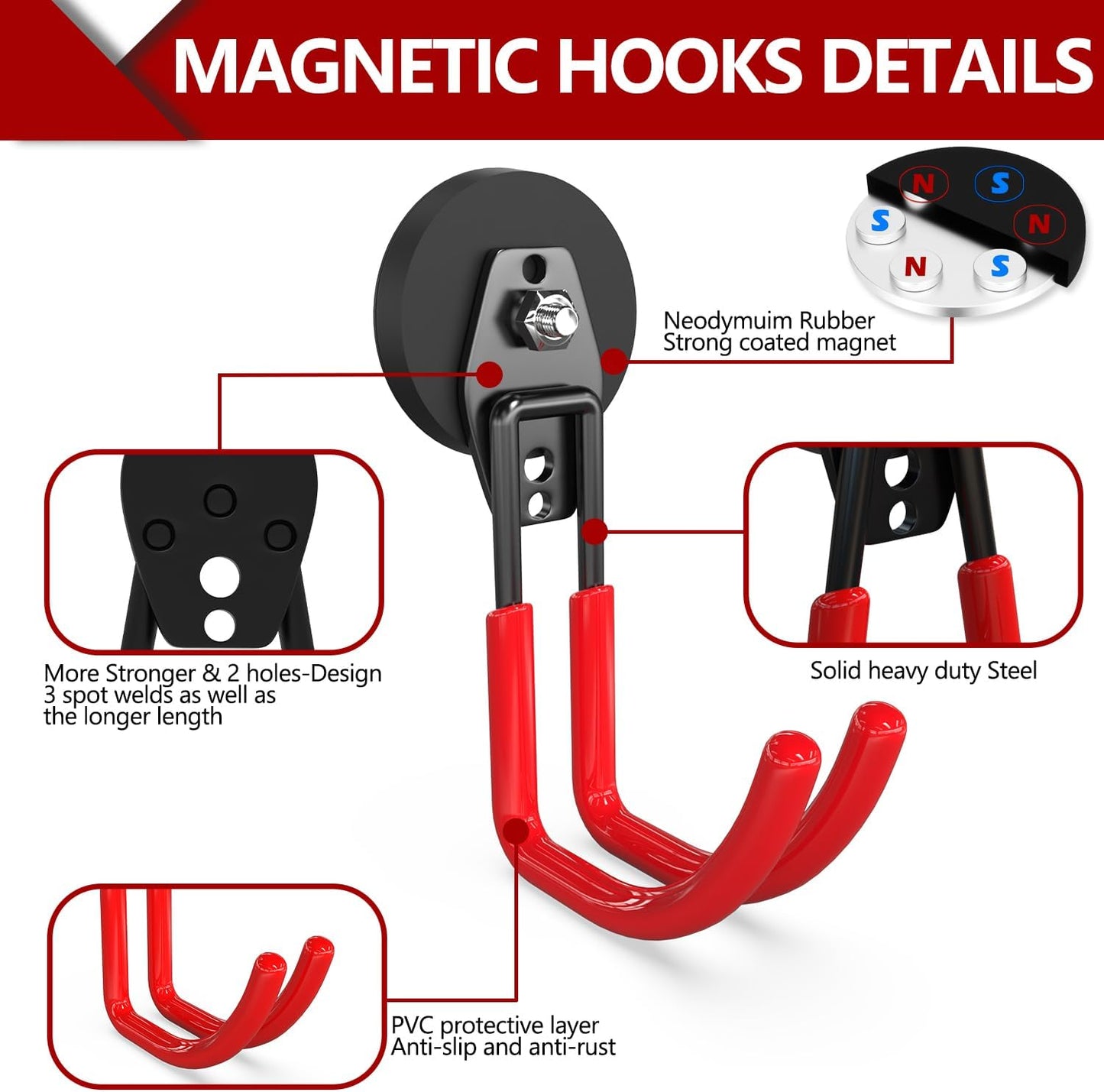 3-H Heavy Duty Magnet Garage Hooks 4 Pack, J Shape Strong Magnetic Hooks for Hanging Cordless Power Drill, Utility Magnetic Tool Holder for Metal Cabinet, Steel Pegboard, Toolbox, Garage(Red)